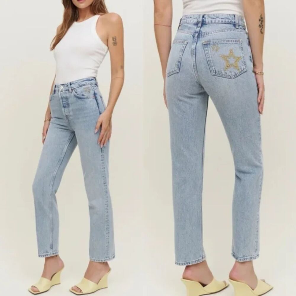 Reformation Cynthia High Rise Straight Jean Star Embroidered Sloane Size 28